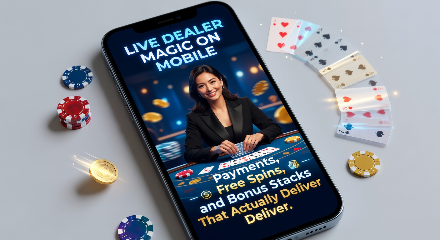 Smartphone mit Live-Dealer-Spiel im Vordergrund, umgeben von Zahlungssymbolen und Bonus-Icons